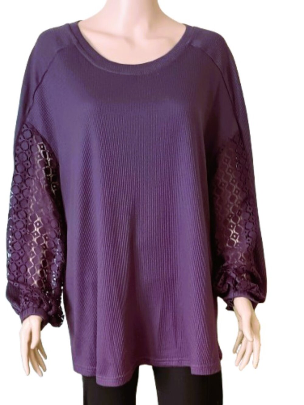 BloomChic Women's Purple Ribbed Top 14-16 Long Puff Sleeve Lace Trim Tunic